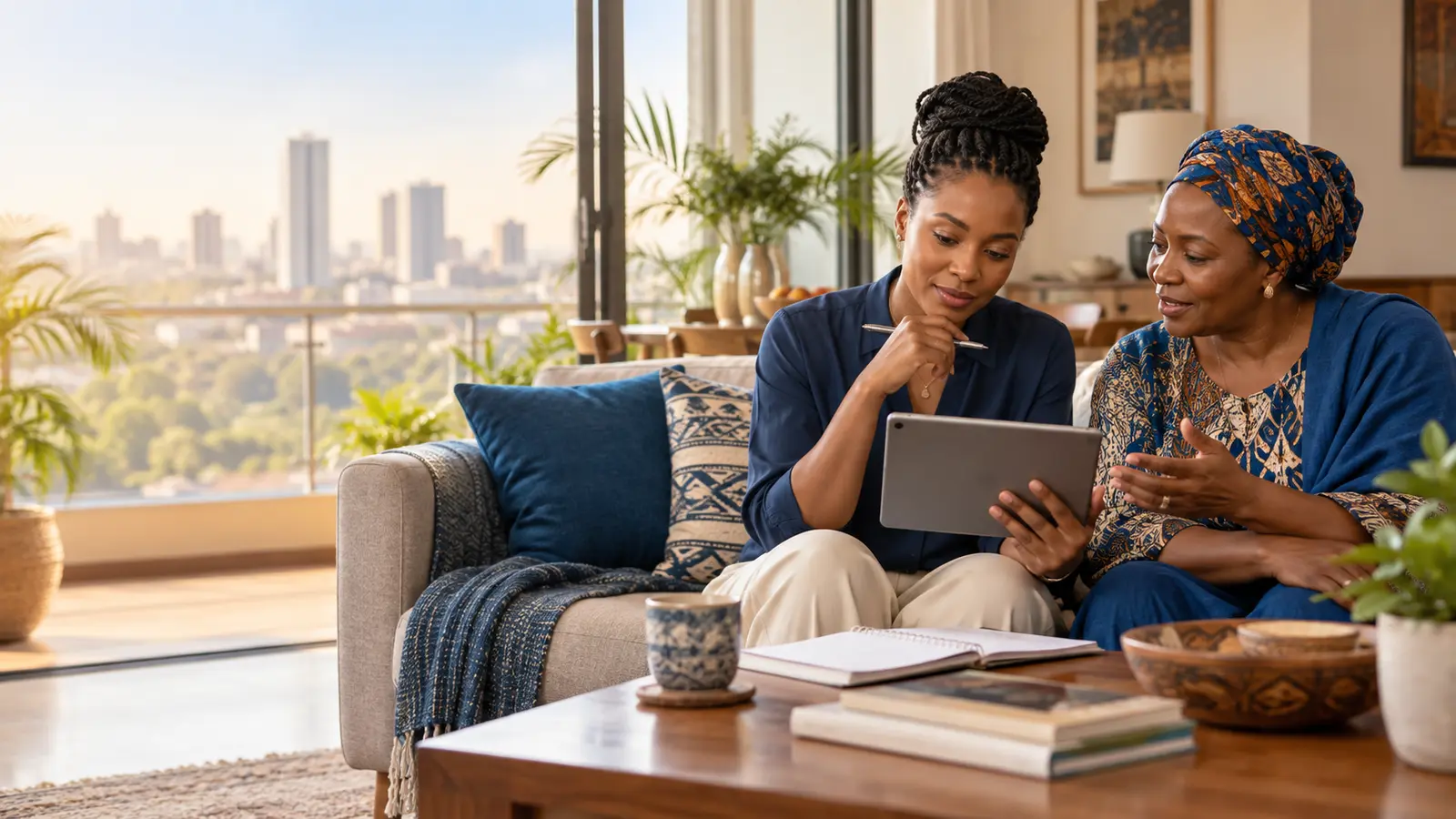 East African women reviewing medical travel guidance together at home in Nairobi