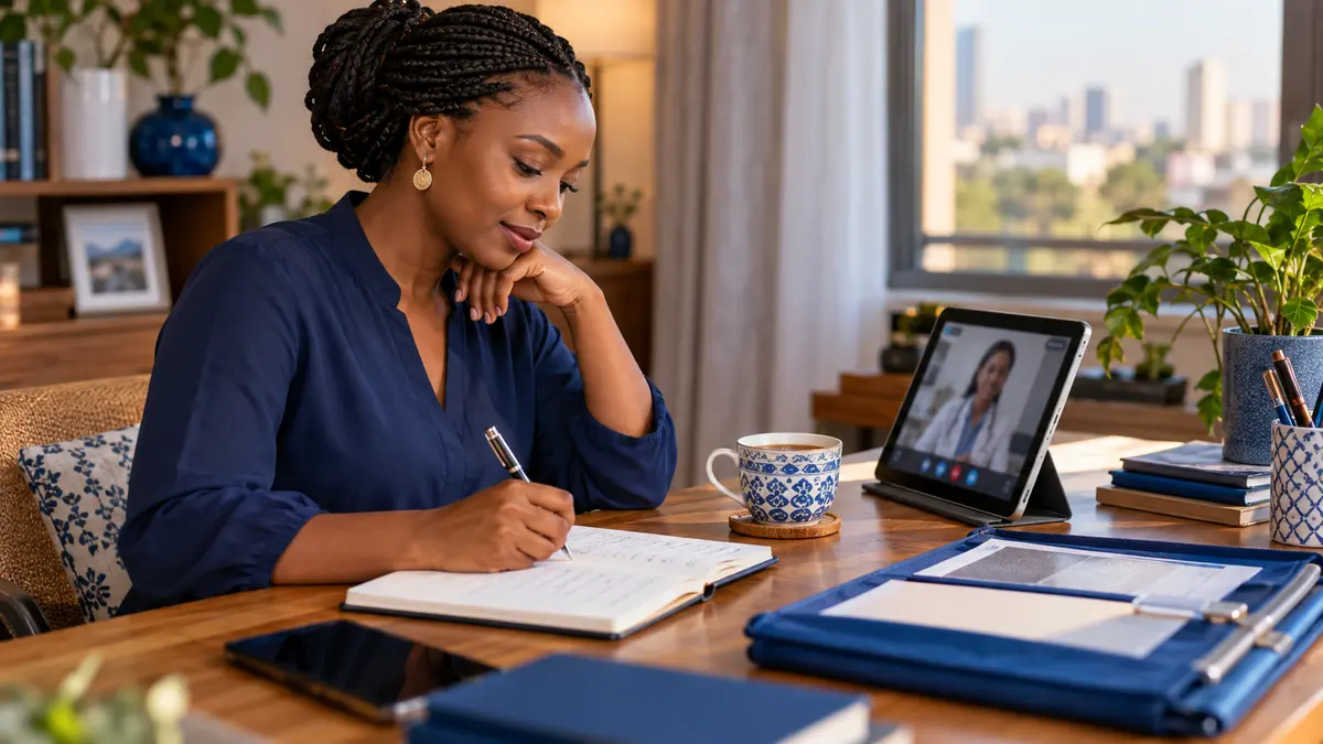 East African patient writing questions during a remote medical consultation from Nairobi