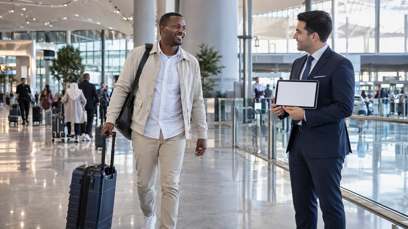 East African patient welcomed by a coordinator on arrival in Istanbul