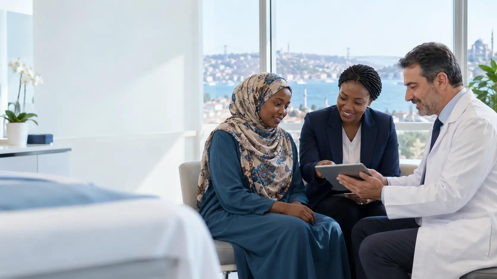 East African patient reviewing treatment information with a coordinator and specialist in Istanbul
