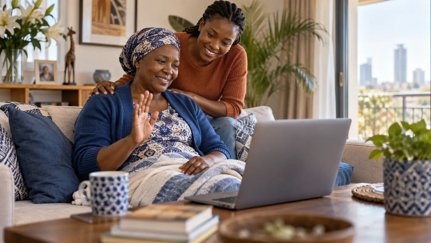 Patient at home in Nairobi joining a follow up video call with family support