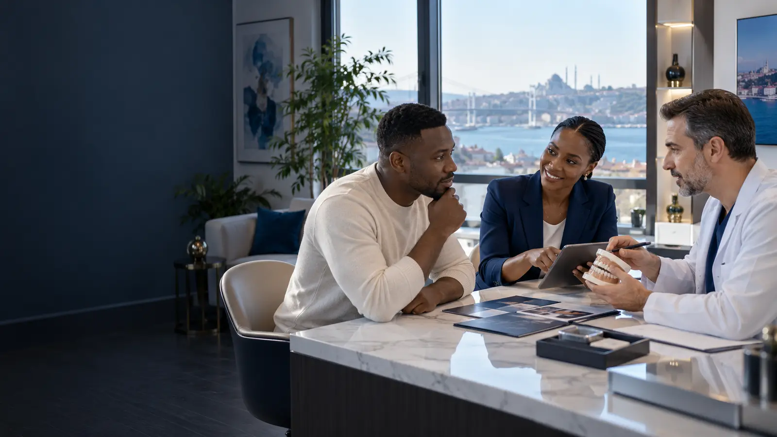 East African patient reviewing treatment options with a coordinator and specialist in Istanbul